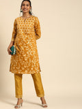 All About You Women Mustard Yellow Ethnic Motifs Printed Regular Kurta with Trousers | Grocsy
