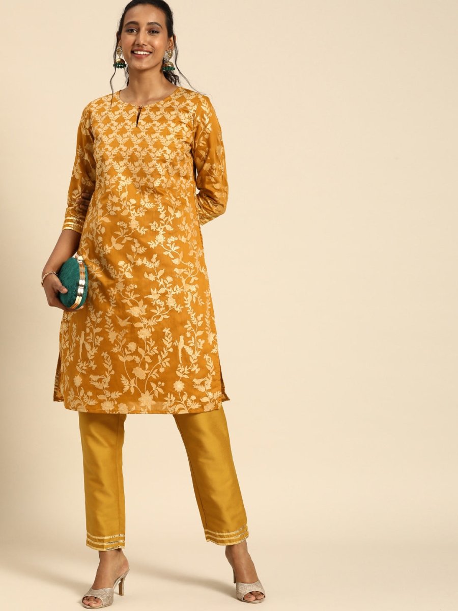 All About You Women Mustard Yellow Ethnic Motifs Printed Regular Kurta with Trousers | Grocsy