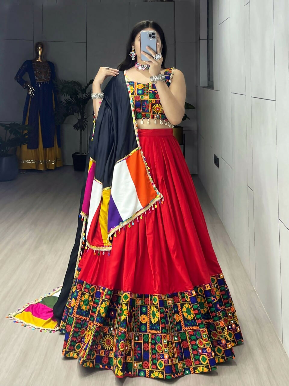 Yash Enterprise Red Rayon Cotton Embroidery Semi Stitched Navratri Chaniya Choli | Grocsy