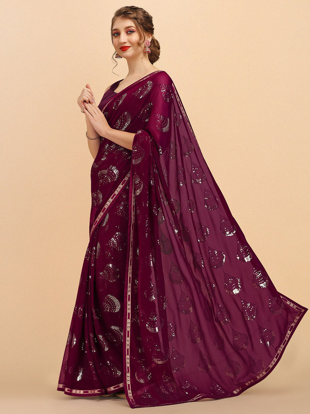 Sangria Women Burgundy Sarees | Grocsy