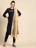 All About You Women Navy Blue Floral Thread Work Kurta with Trousers & With Dupatta | Grocsy