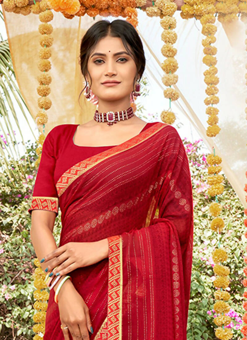 Red Georgette Foil Printed Saree with Unstitched Blouse Piece - Avika | Grocsy