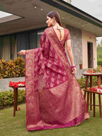 Tikhi Imli Pink Ethnic Motifs Woven Design Zari Saree | Grocsy