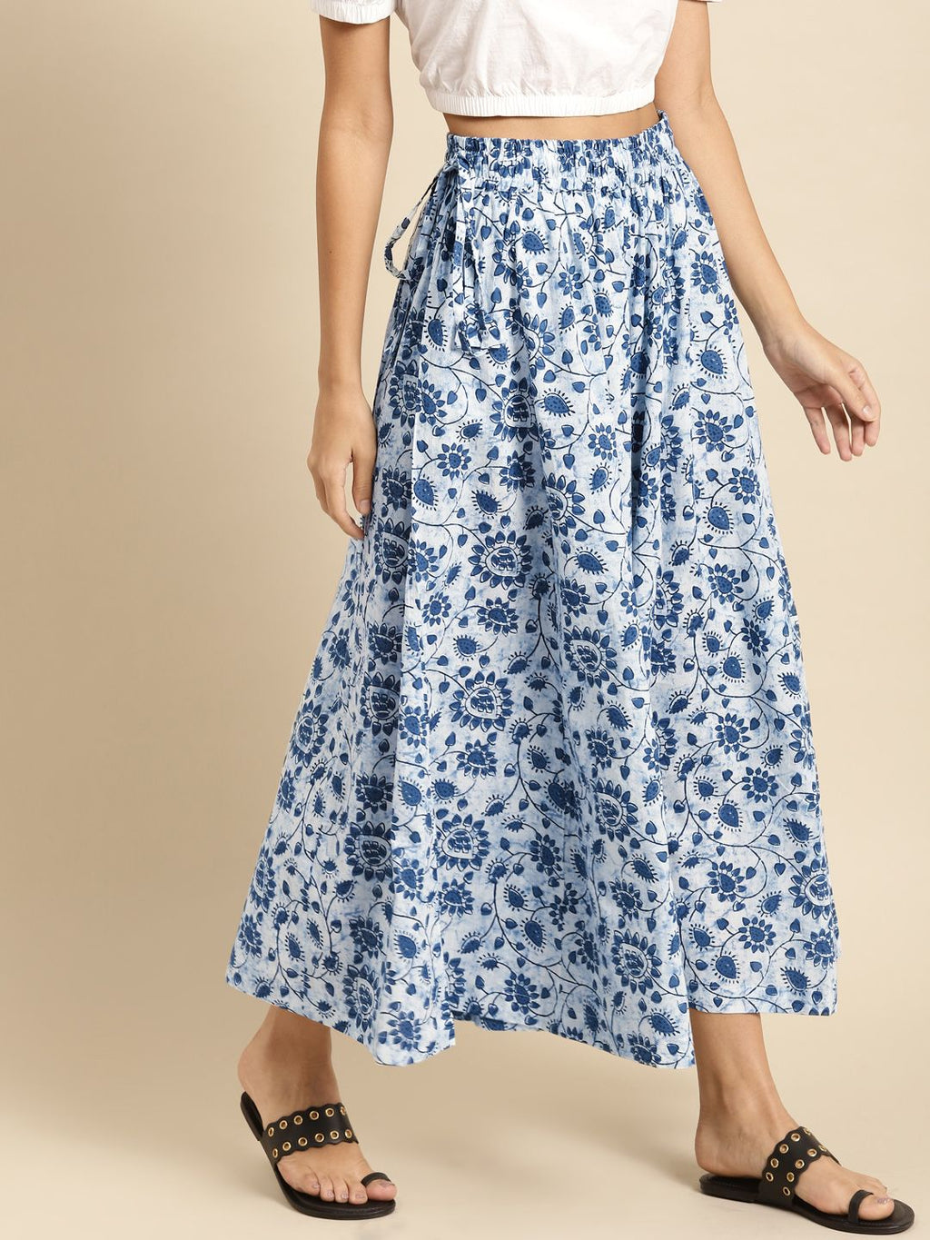 TAG 7 Women White & Blue Printed Pure Cotton Flared Palazzos | Grocsy