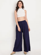TAG 7 Women Navy Blue Solid Flared Palazzos | Grocsy