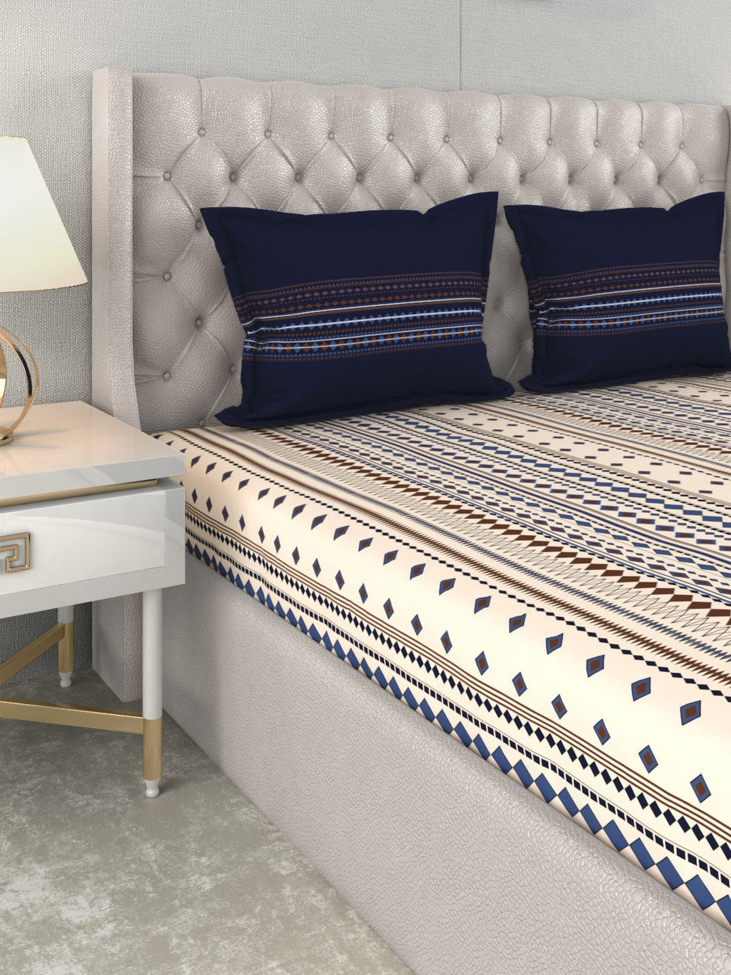 MYTRIDENT Multicoloured Blue Geometric 120 TC Cotton 1 Queen Bedsheet with 2 Pillow Covers | Grocsy
