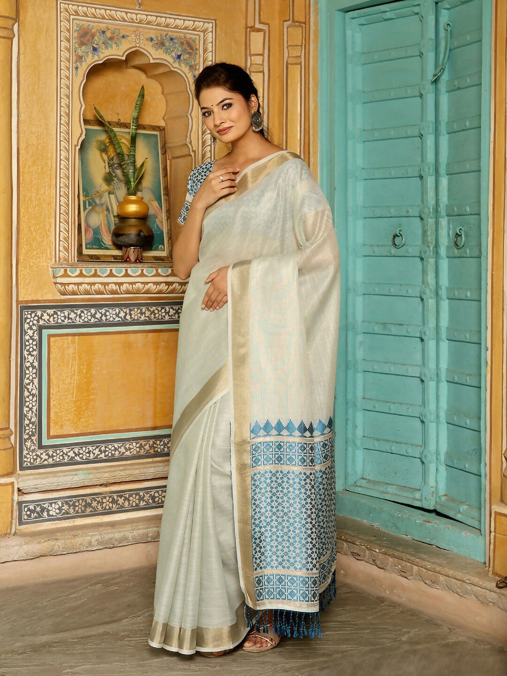 Shree Shyam Fashion Sky Blueline Saree | Grocsy
