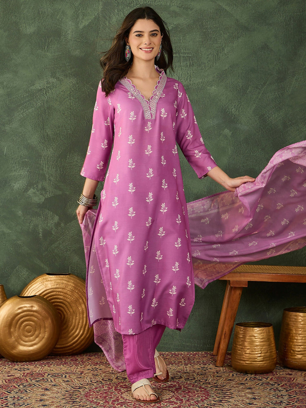 The52 Women's Gorgeous Rayon Fabric Printed Work Straight Kurta Pant and Dupatta Set-Onion | Grocsy