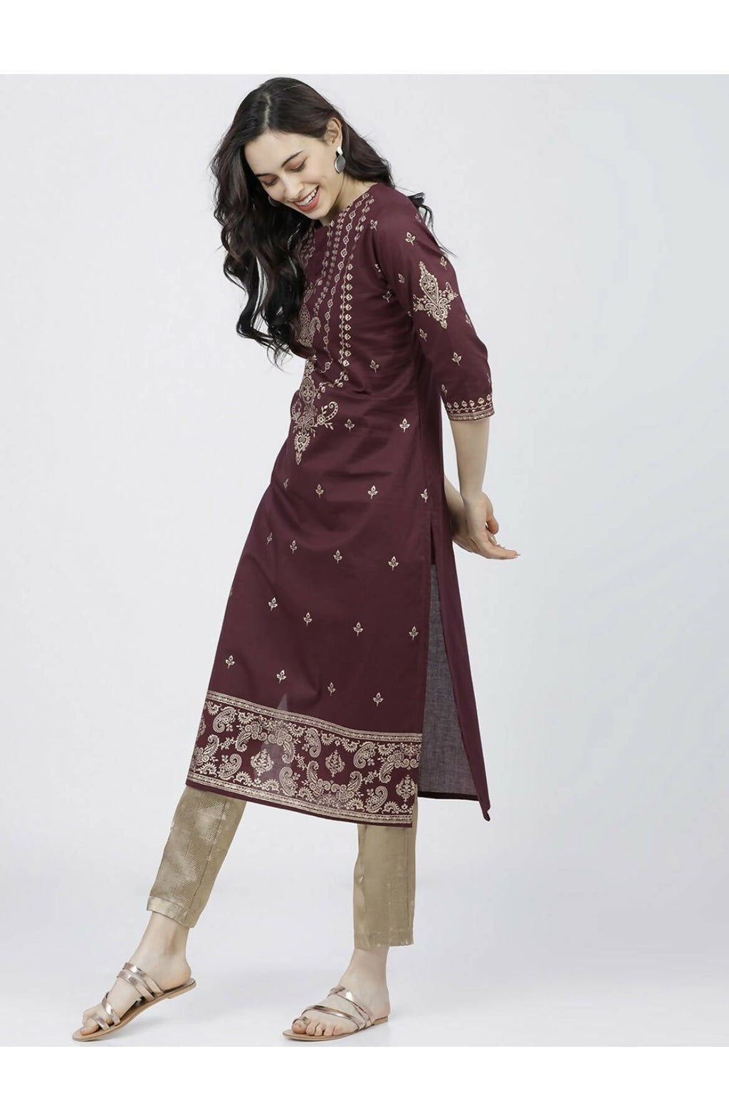 Cheera Embellished Daily Wear Cotton Blend Kurta - Dark Brown | Grocsy