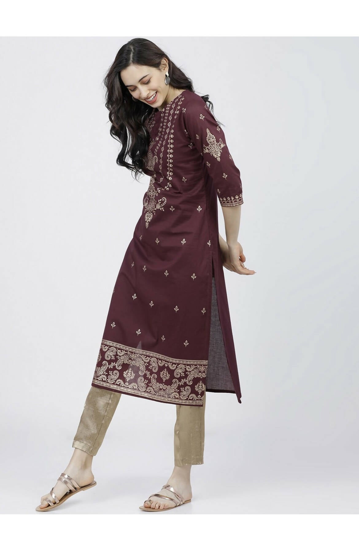 Cheera Embellished Daily Wear Cotton Blend Kurta - Dark Brown | Grocsy