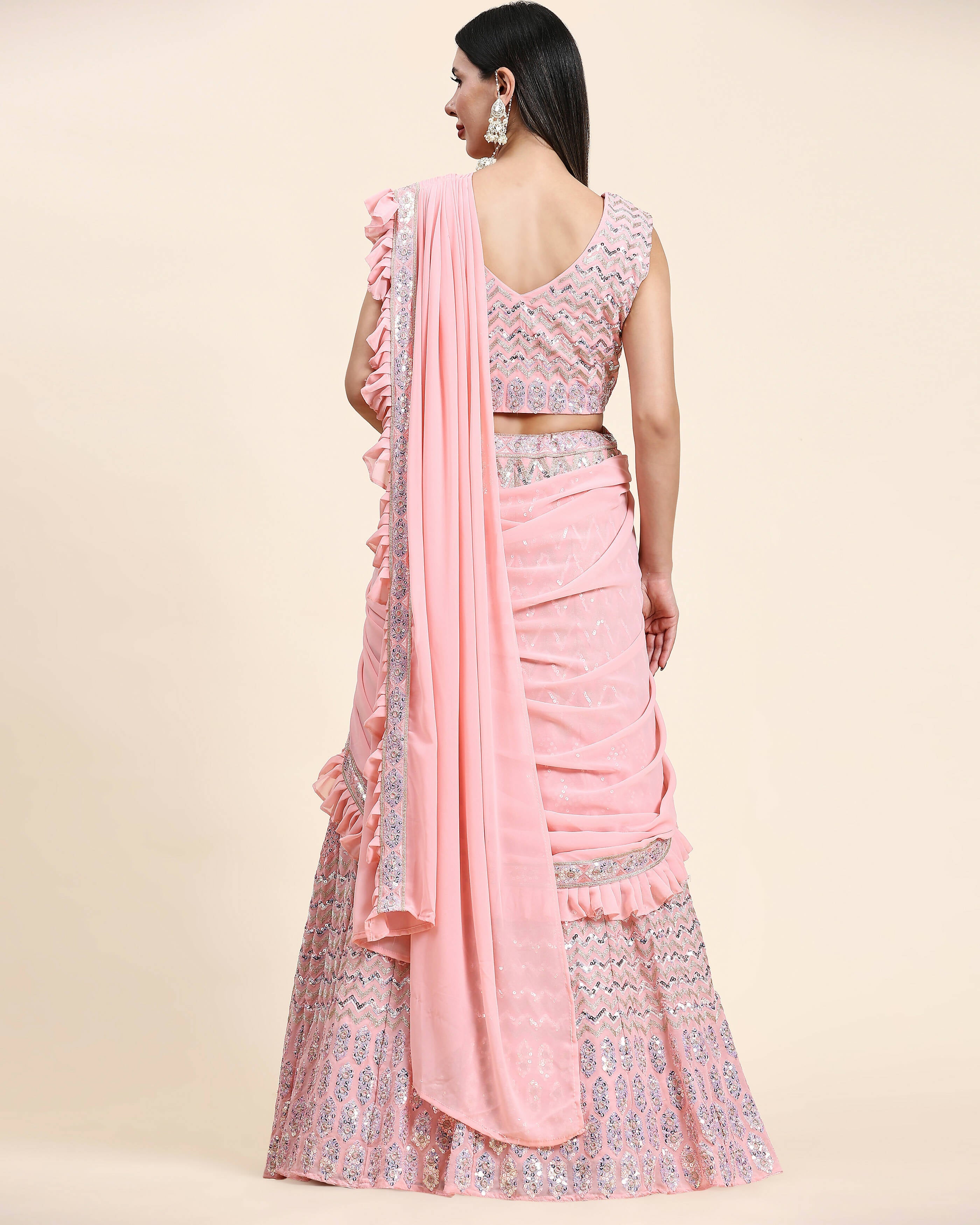Pink Pure Viscose Georgette Thread With Sequins Embroidery Work Lehenga Choli With Dupatta - Tanya | Grocsy