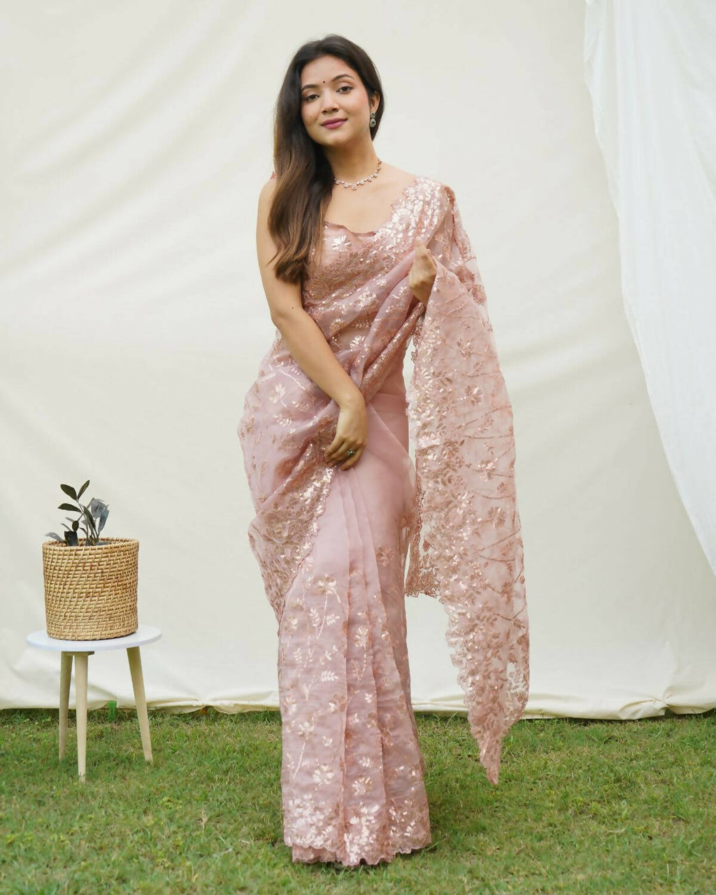 Vamsee Brown Organza Saree | Grocsy