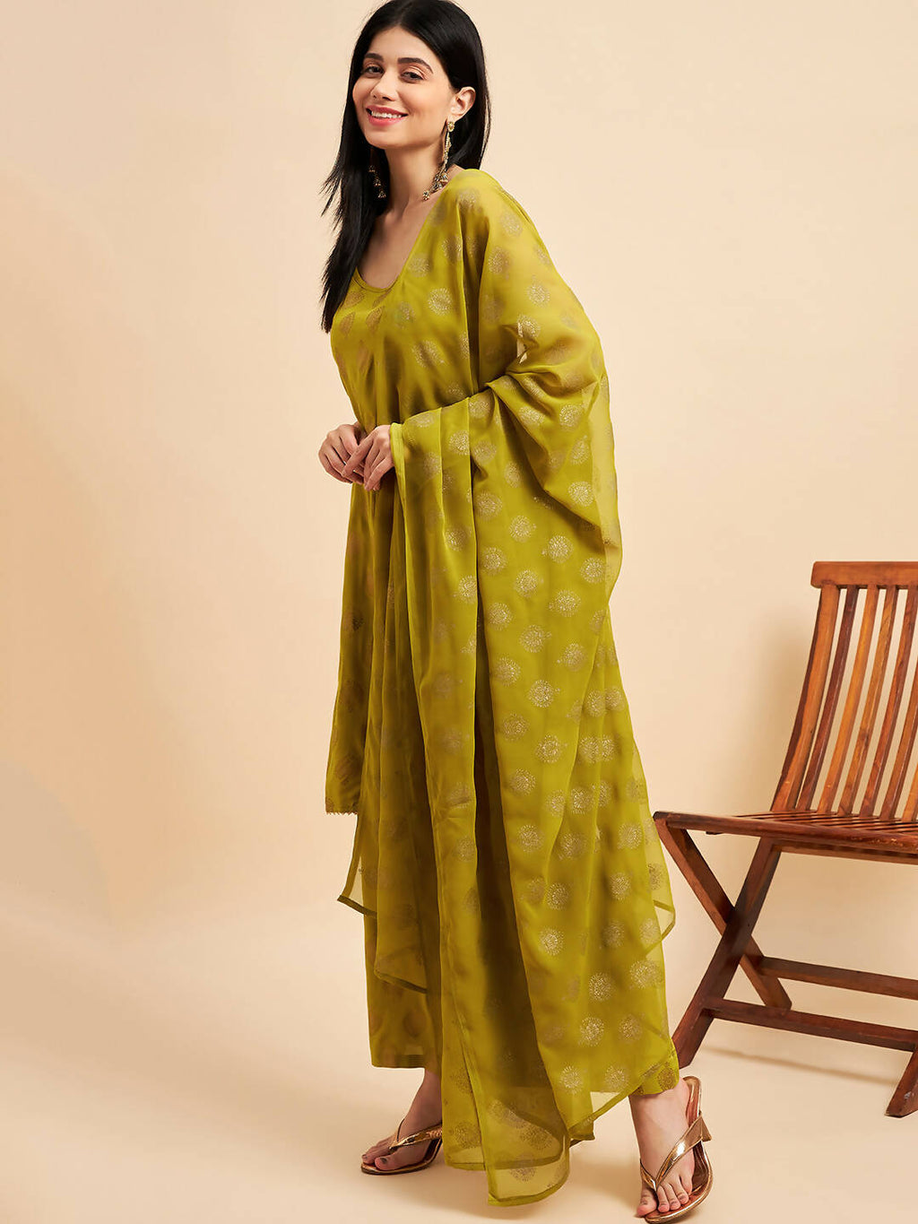 Lime Green & Golden Ethnic Motifs Print Kurta with Palazzo & Dupatta - Vishwa | Grocsy