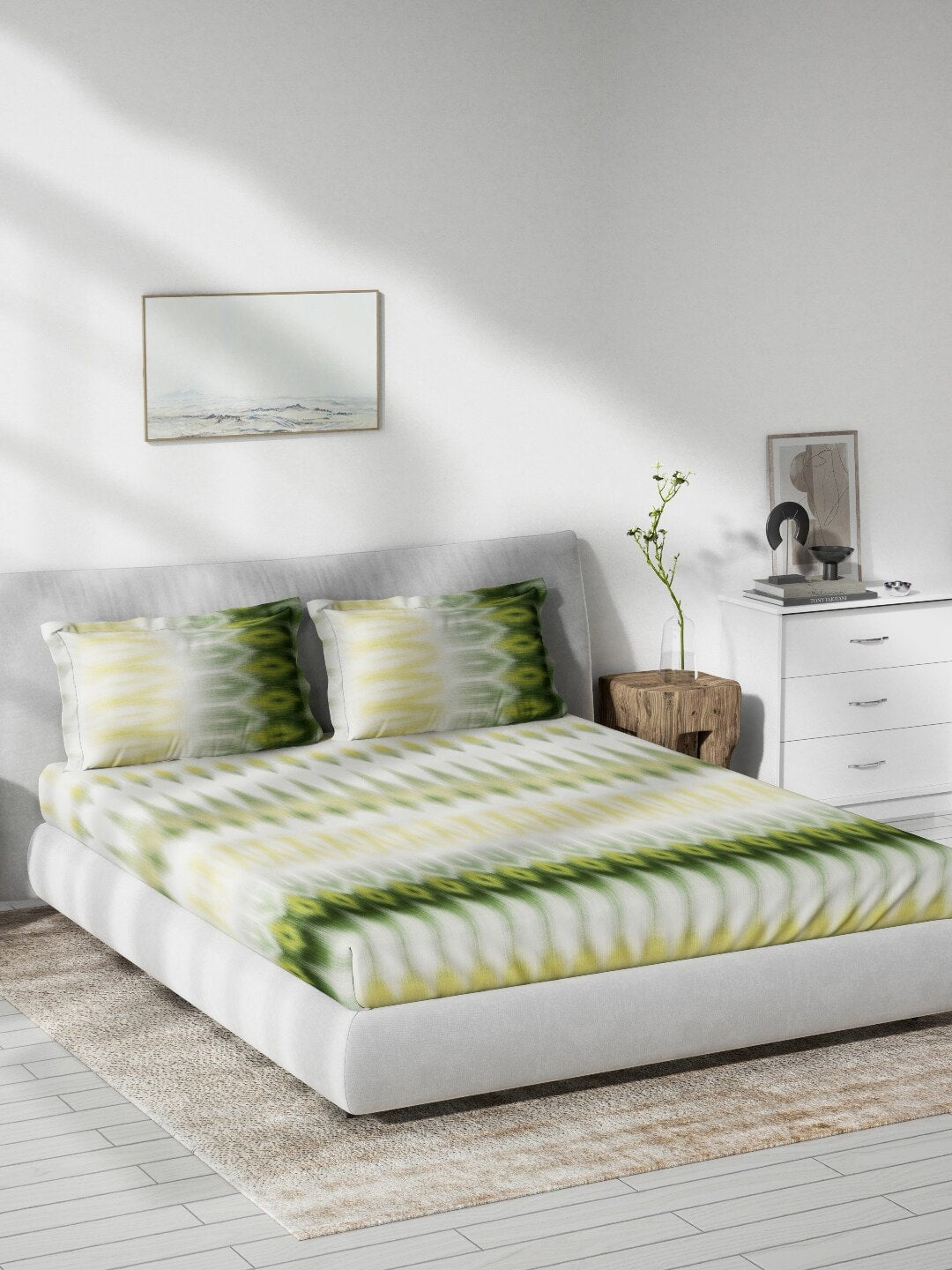 DDecor Green & White Ethnic Motifs 140 TC Cotton Queen Bedsheet with 2 Pillow Covers | Grocsy