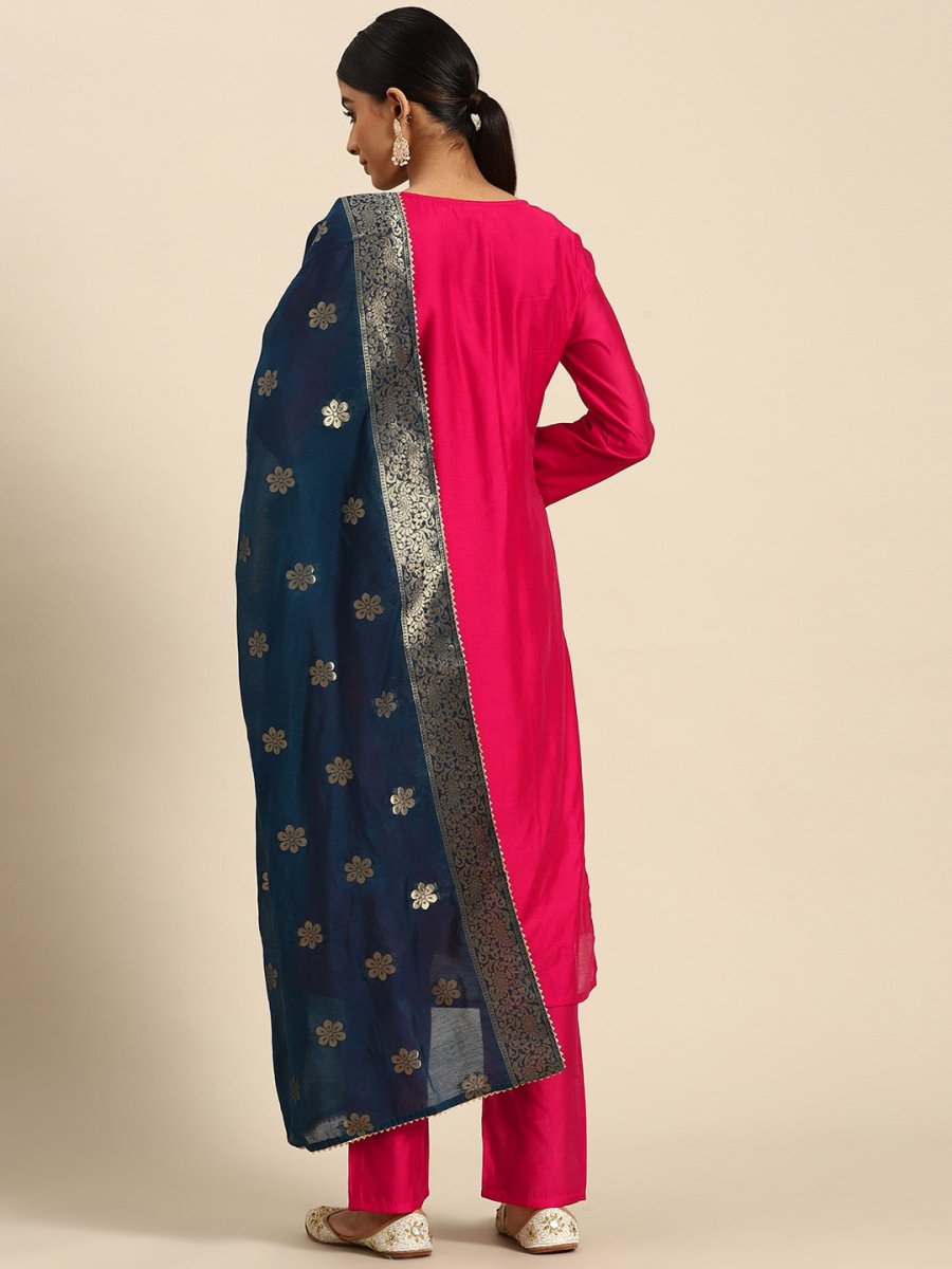All About You Ethnic Motifs Embroidered Chanderi Silk Kurta with Trousers & With Dupatta | Grocsy
