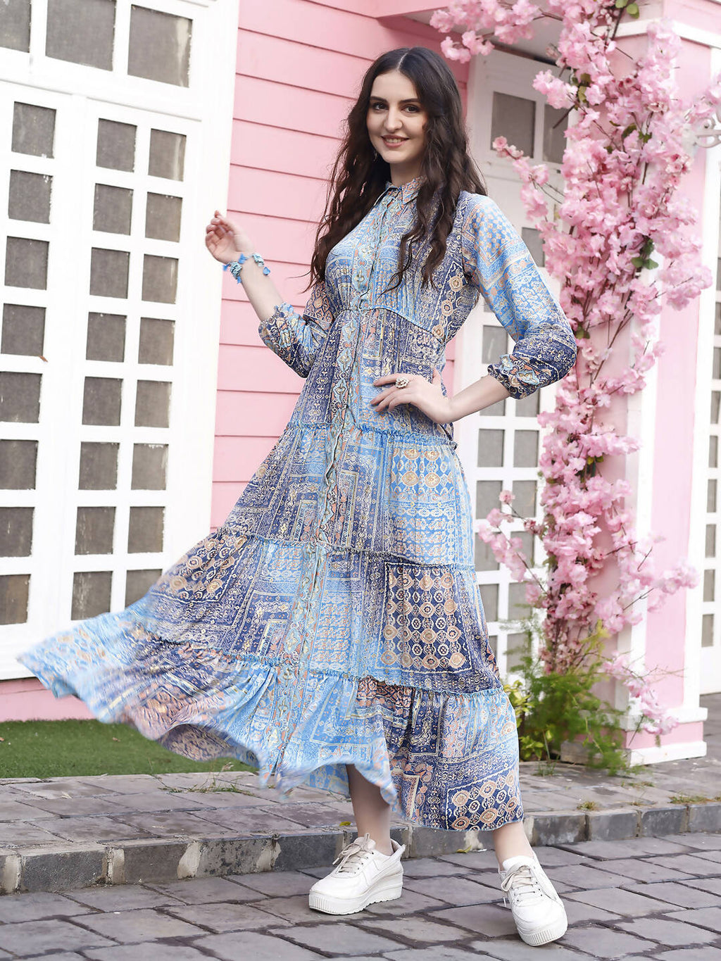 Light Blue Crepe Foil Printed Long Dress - Michan | Grocsy