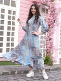 Light Blue Crepe Foil Printed Long Dress - Michan | Grocsy