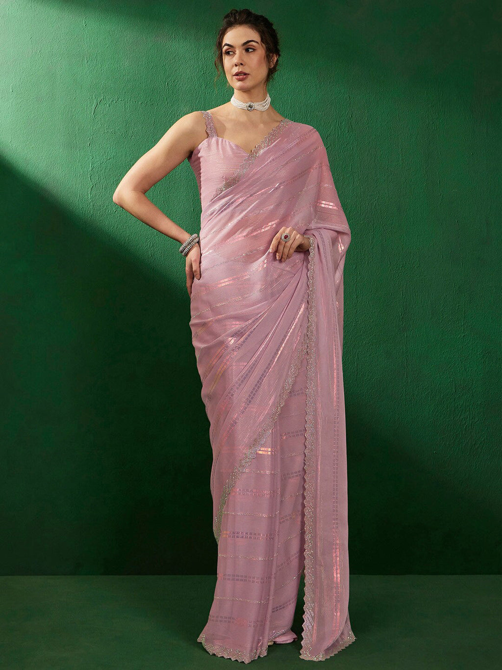 Sangria Striped Embellished Saree | Grocsy