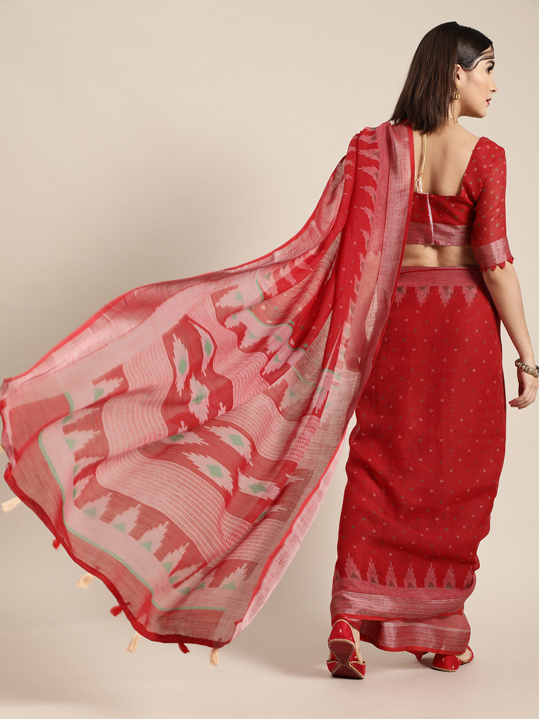 Saree Mall Saree Mall Blazing Red Linen Blend Saree | Grocsy