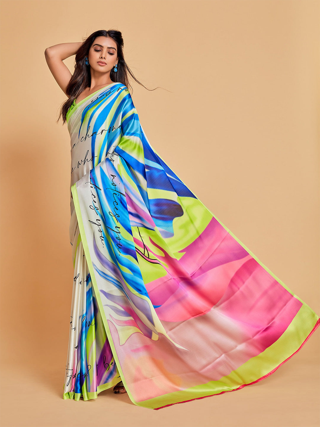 Sangria White & Blue Satin Saree | Grocsy