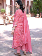 Sangria Pink Bandhani Printed Pure Cotton Angrakha Kurta With Trousers & Dupatta | Grocsy