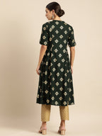 All About You Women Teal Green & Gold-Toned Ethnic Motifs Printed Mirror Work Kurta | Grocsy
