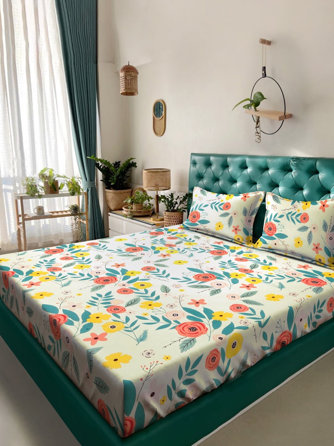 KLOTTHE White & Grey Floral Print 300 TC Fitted Double King Bedsheet With 2 Pillow Covers | Grocsy