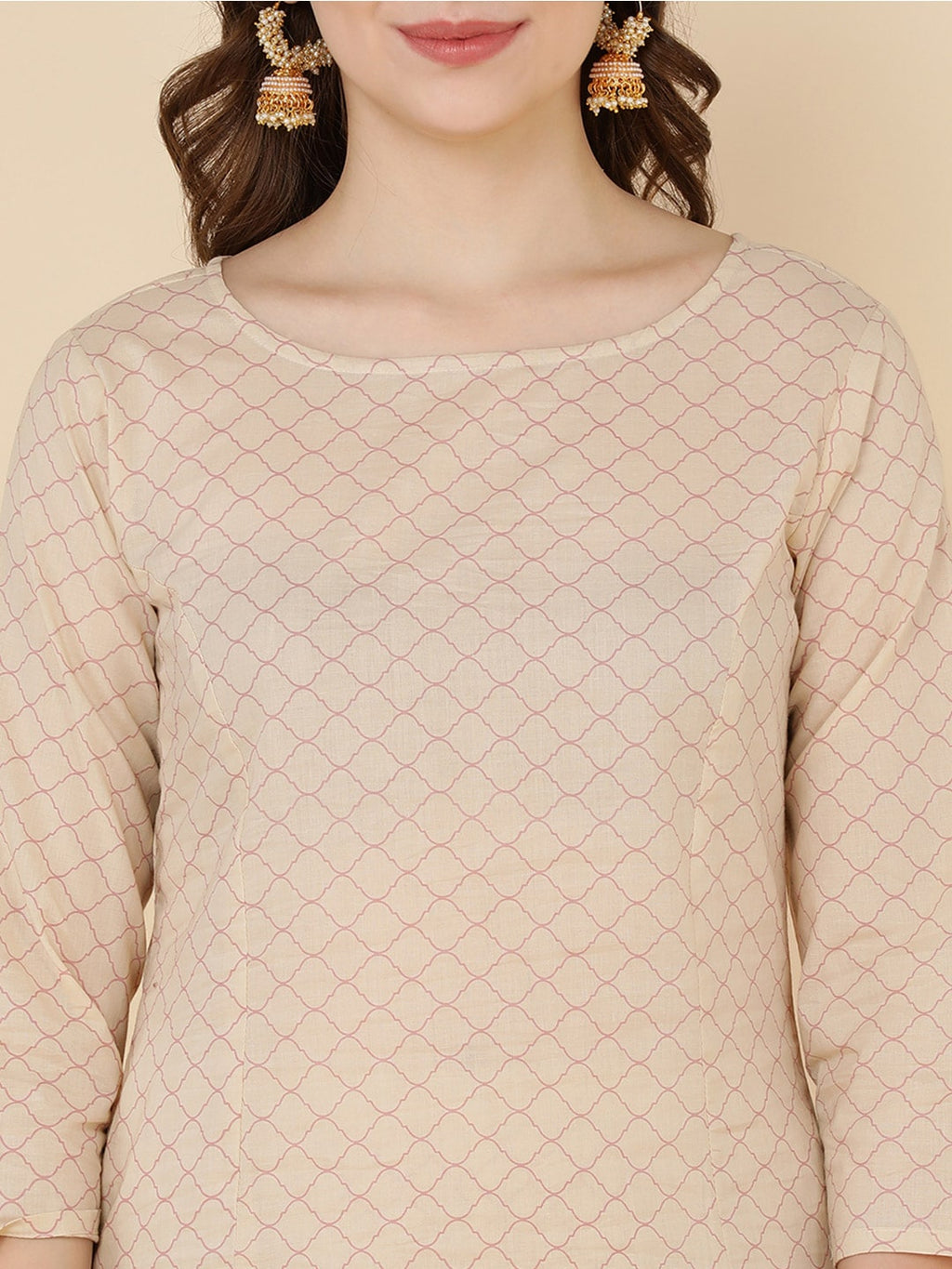 HERE&NOW Women Beige Ethnic Motifs Printed Pure Cotton Kurta with Trousers & Dupatta | Grocsy