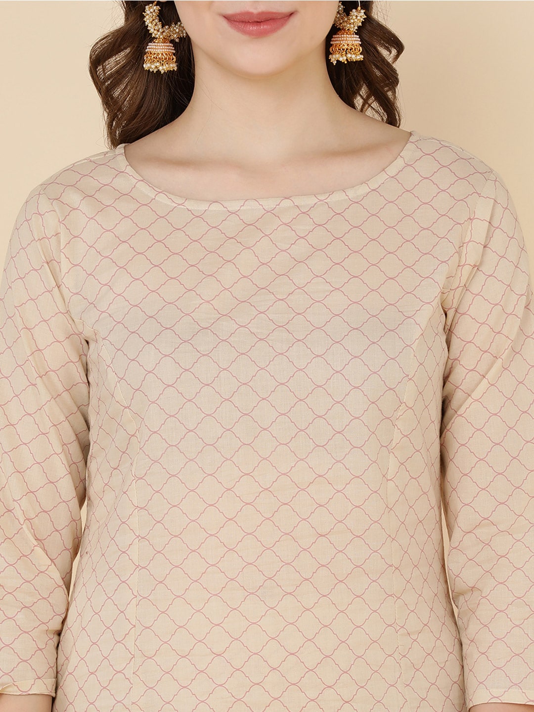 HERE&NOW Women Beige Ethnic Motifs Printed Pure Cotton Kurta with Trousers & Dupatta | Grocsy
