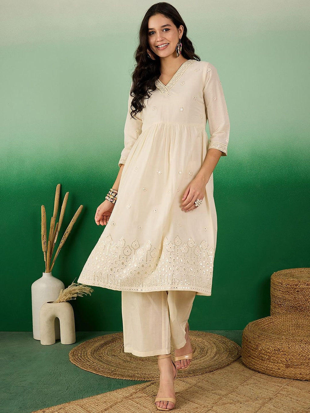 Sangria Off White Floral Embroidered Mirror Work Pure Cotton Anarkali Kurta Set | Grocsy