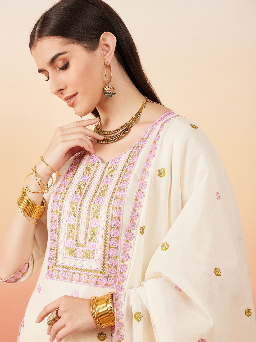 Sangria Floral Embroidered Pure Cotton Straight Kurta With Palazzo & Dupatta | Grocsy