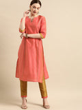All About You Women Peach-Coloured Embroidered Kurta with Trousers | Grocsy