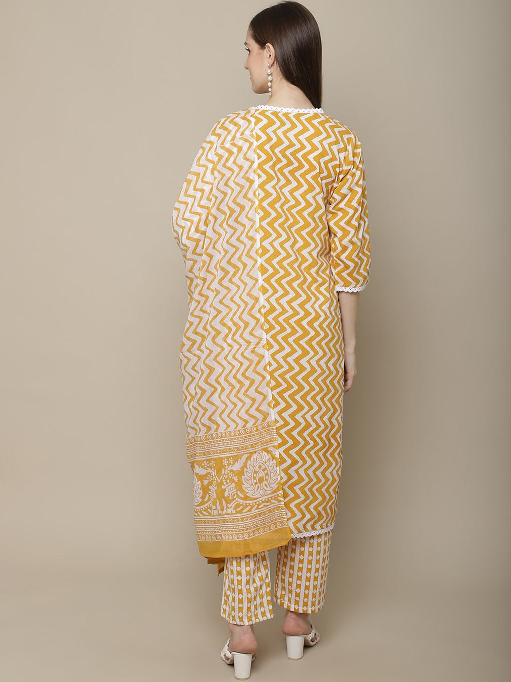 Sangria Women Yellow Printed Pure Cotton Kurti with Trousers & Dupatta Set | Grocsy