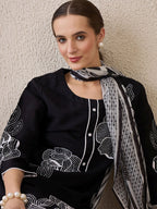Indo Era Floral Embroidered Round Neck Sequinned Linen Kurta With Trousers & Dupatta | Grocsy