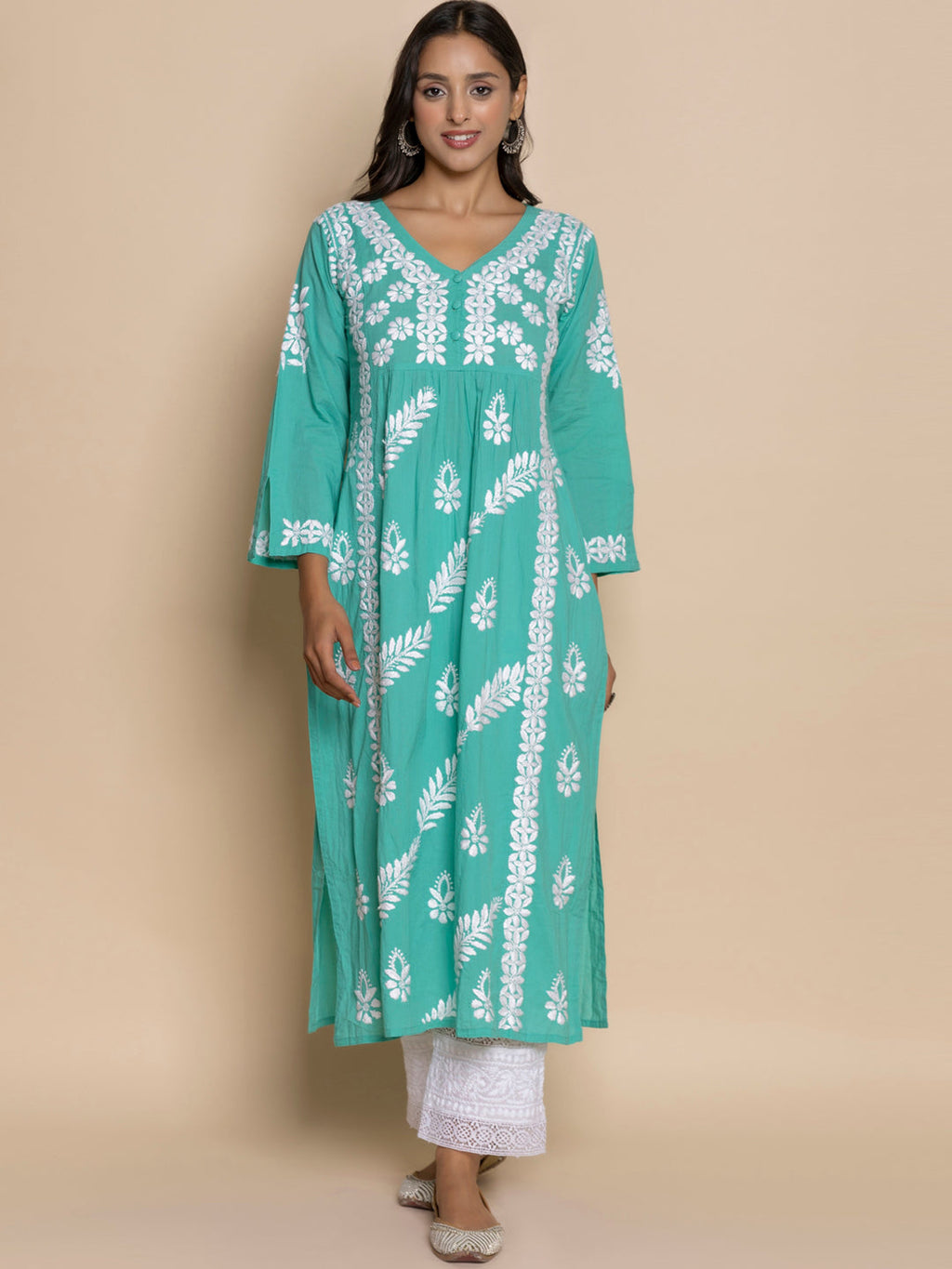 HOUSE OF KARI Floral Embroidered Chikankari Cotton A-Line Kurta | Grocsy