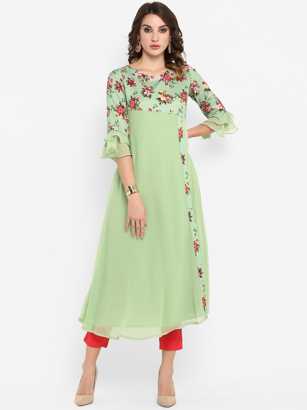 Janasya Women Green & Pink Floral Printed A-Line Kurta | Grocsy