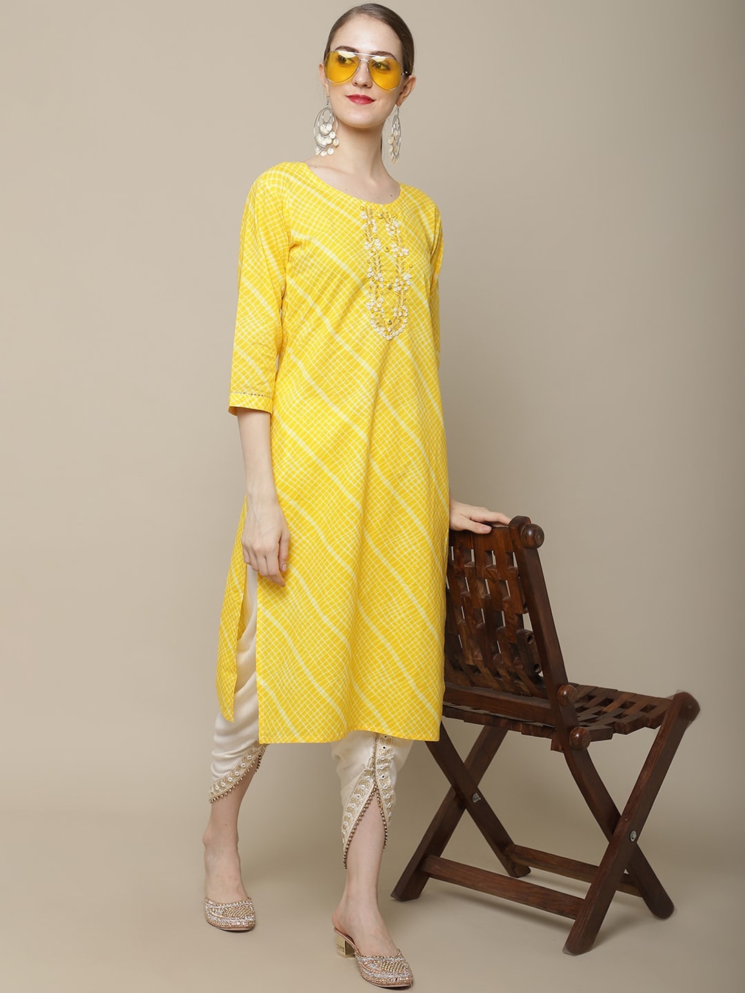 Sangria Women Yellow & White Embellished Cotton Straight Kurta | Grocsy