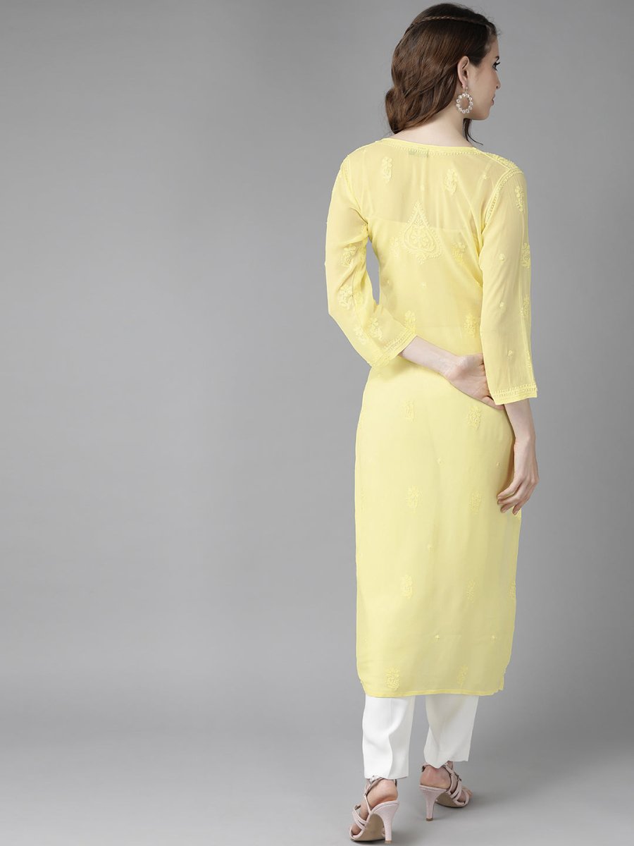 ADA Women Yellow Ethnic Motifs Embroidered Chikankari Georgette Handloom Kurta | Grocsy