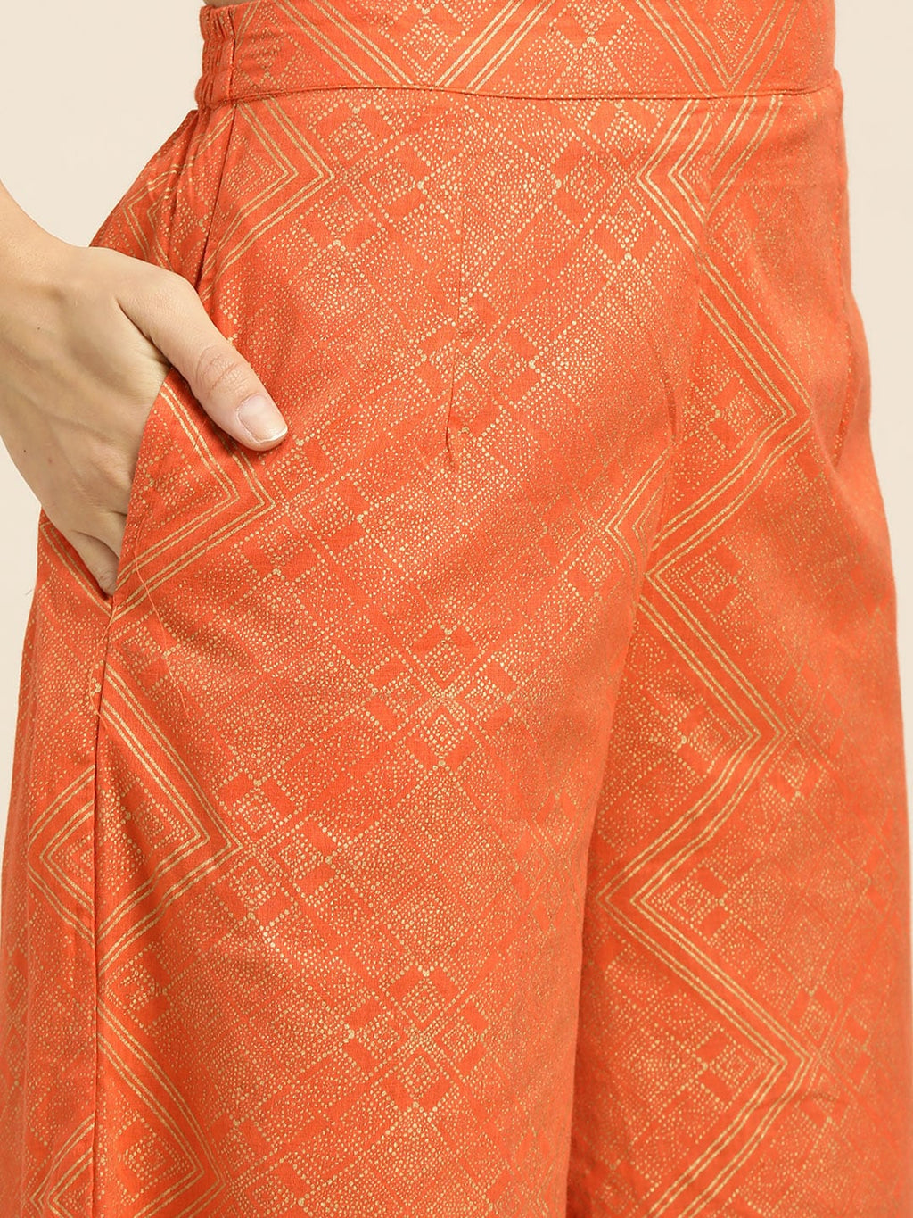 Sangria Women Orange and Golden Ethnic Printed Pure Cotton Kurta with Palazzos | Grocsy