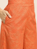 Sangria Women Orange and Golden Ethnic Printed Pure Cotton Kurta with Palazzos | Grocsy
