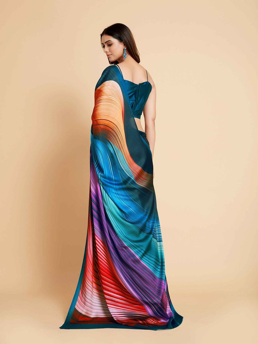 Sangria Navy Blue & Violet Satin Ready to Wear Saree | Grocsy
