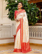 Joban Fashion Off White Silk Woven Banarasi Saree | Grocsy