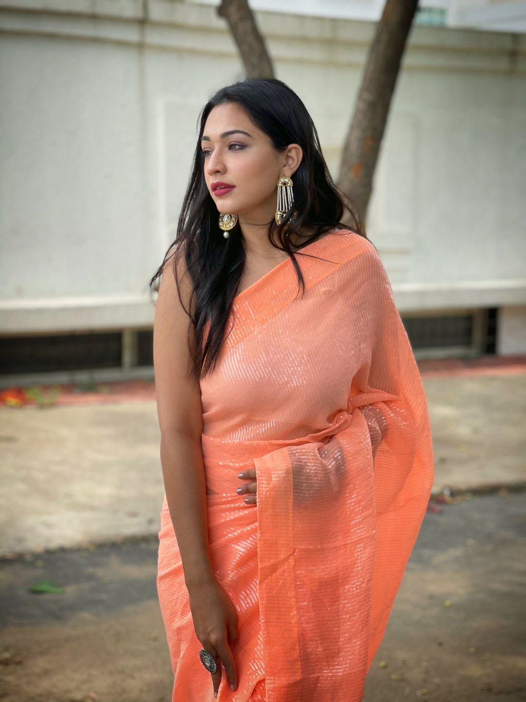 Vamsee Solid Color Sea Orange Georgette Saree | Grocsy