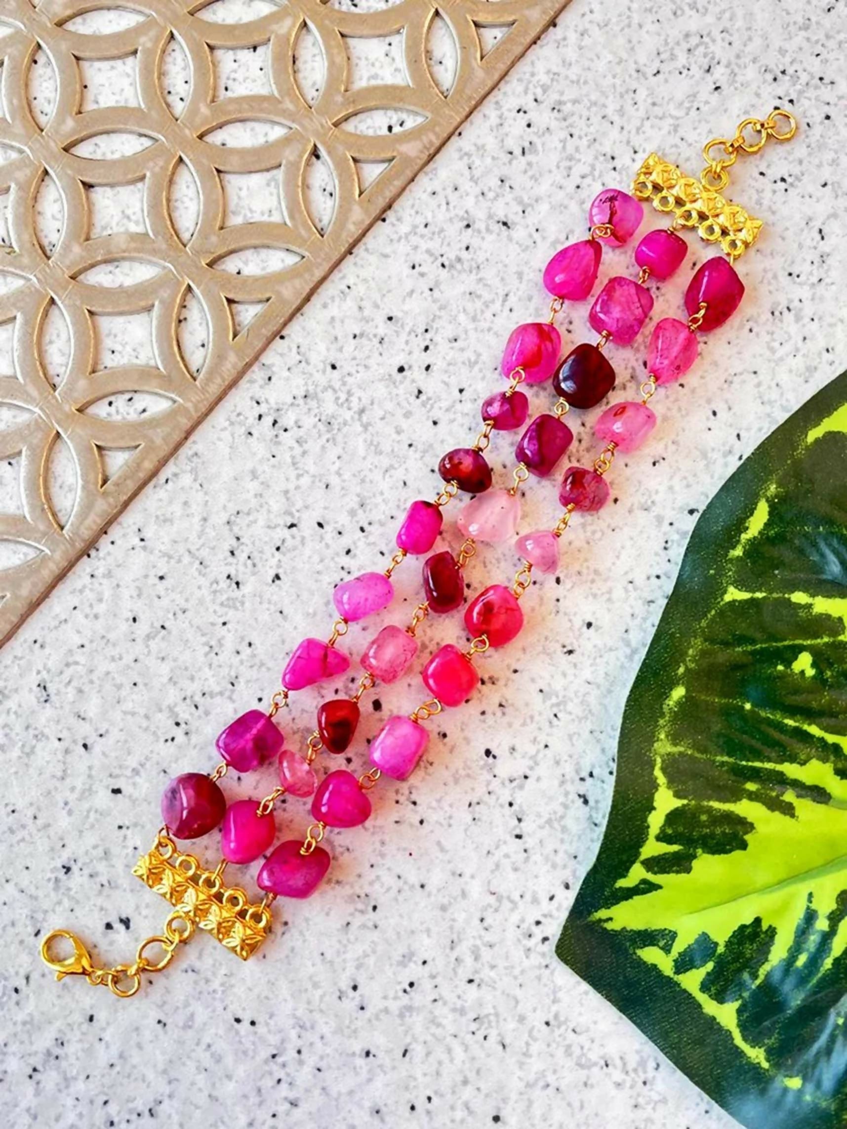 Joban Fashion Pink Brass Natural Stone Three Layered Bracelet | Grocsy