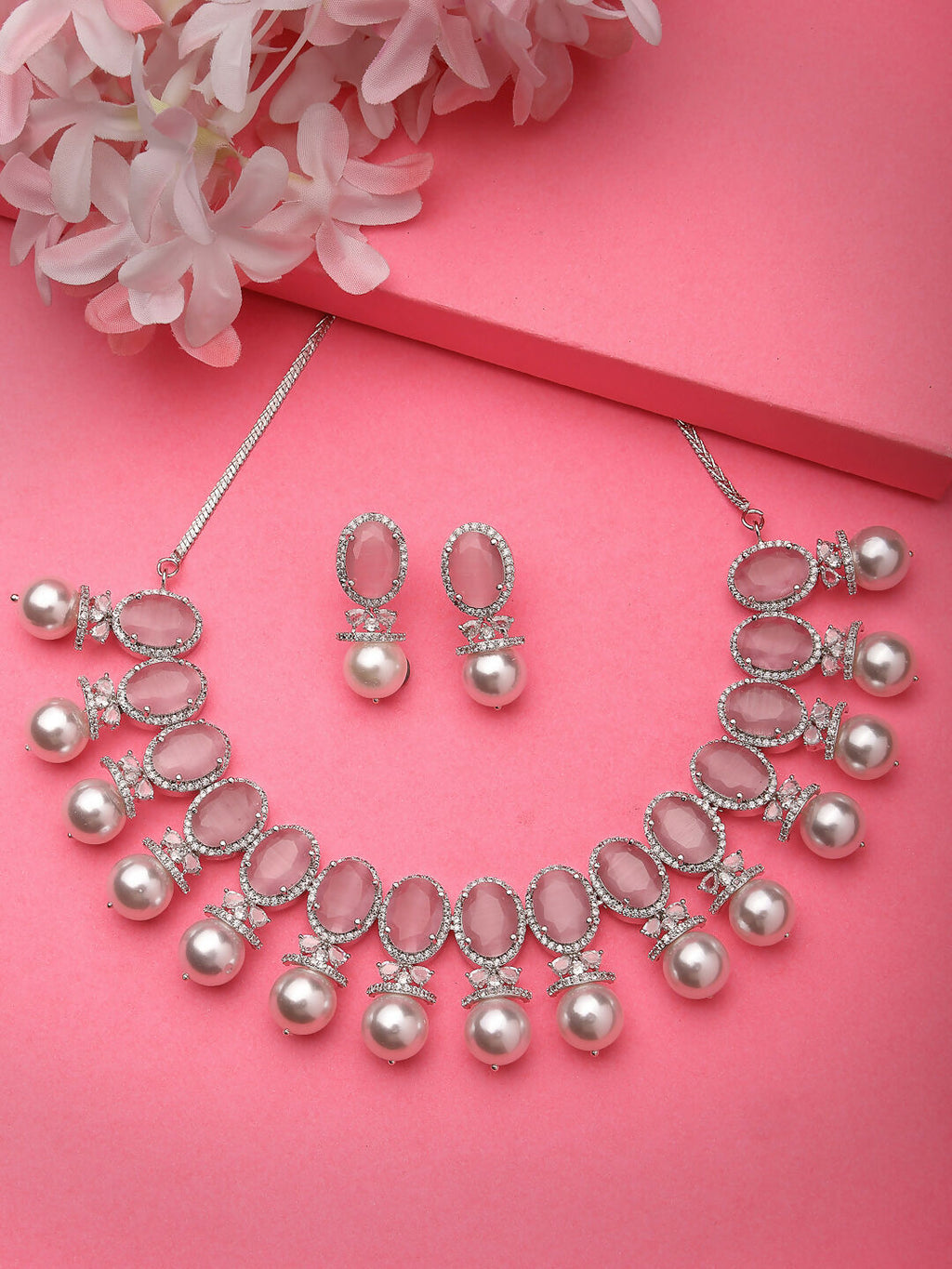 NVR Women's Silver-Plated Pink American Diamond Studded Handcrafted Jewellery Set | Grocsy