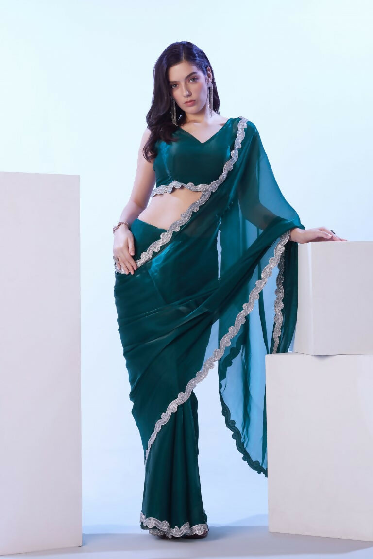 Teal Blue Satin Jimmy Choo Solid Designer & Lace Work Saree - Samaa | Grocsy
