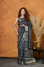 Very Much Indian Modal Silk Ajrakh Handblock Printed Natural Dyes With Designer Border Saree - Black | Grocsy