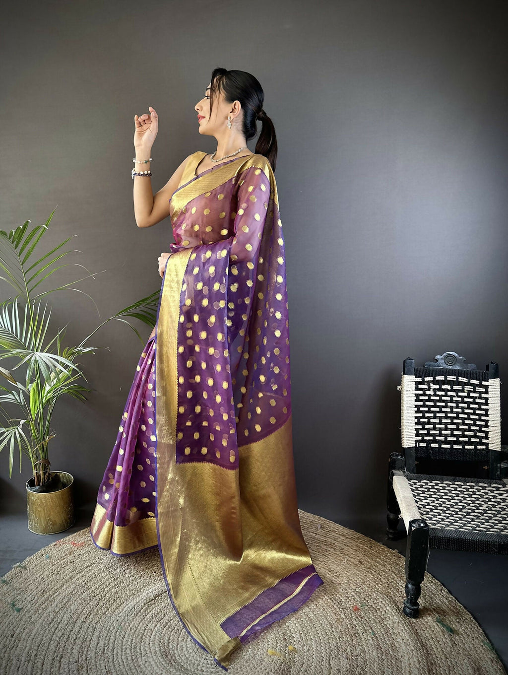Joban Fashion Purple Polka-Dot Zari Woven Organza Silk Banarasi Silk Saree | Grocsy