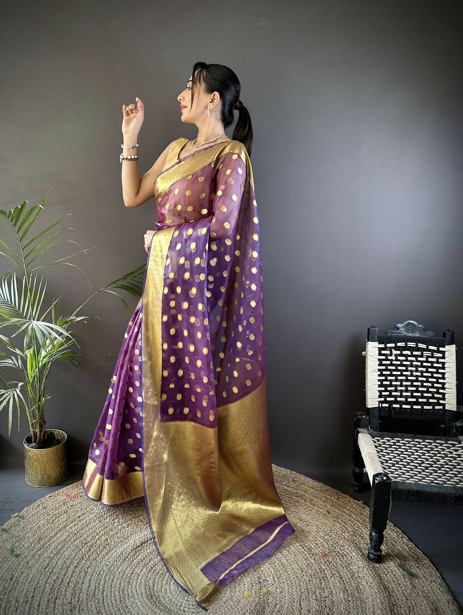 Joban Fashion Purple Polka-Dot Zari Woven Organza Silk Banarasi Silk Saree | Grocsy