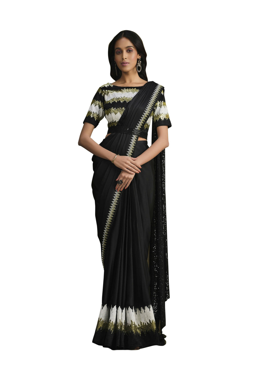 Black Crepe Silk Sequence Embroidered Saree With Stitched Blouse - Mohmanthan La Belle | Grocsy